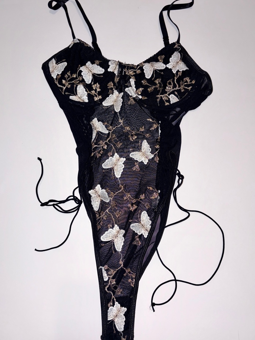 iHeartRaves Black Bodysuit with White & Gold Butterfly Embroidery
